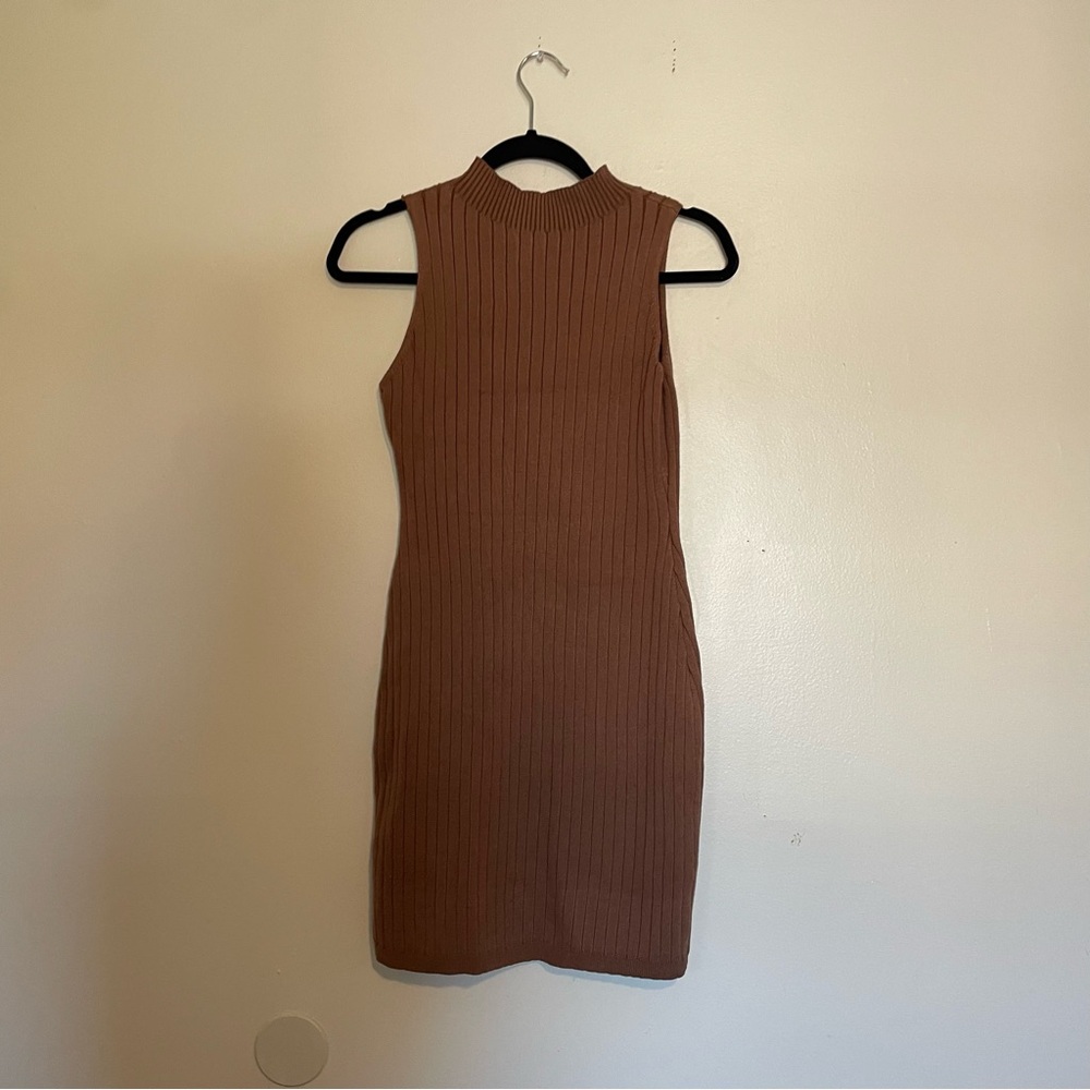 Brown Sleeveless Ribbed Mini Dress - Picture 3 of 5